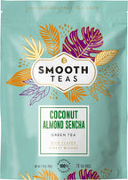 Packaging of Smooth Teas Coconut Almond Sencha green tea with colorful leaf designs on a light blue background.