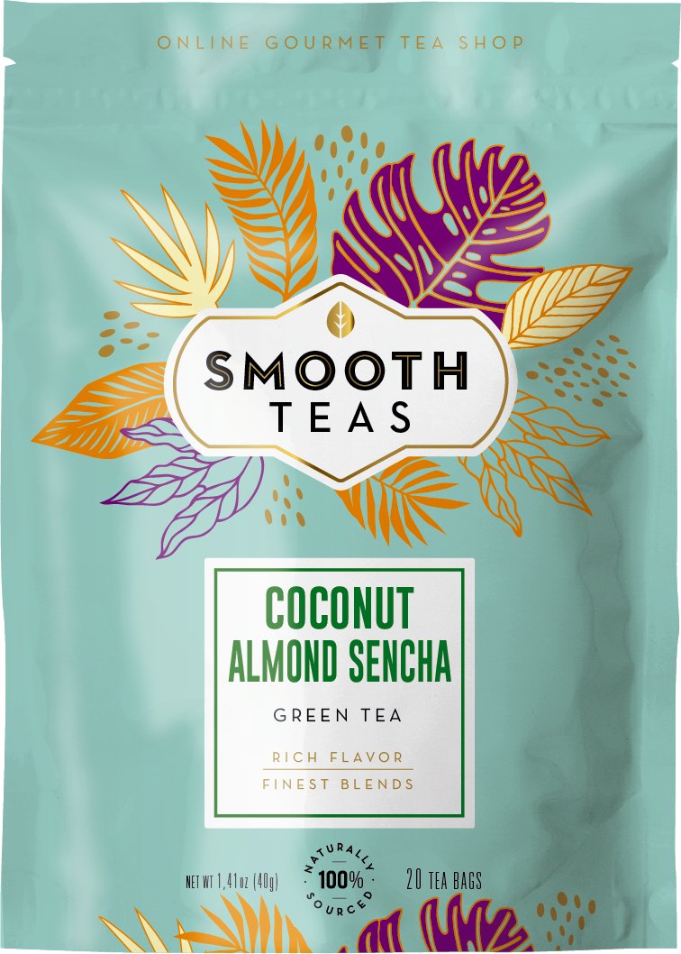 Packaging of Smooth Teas Coconut Almond Sencha green tea with colorful leaf designs on a light blue background.