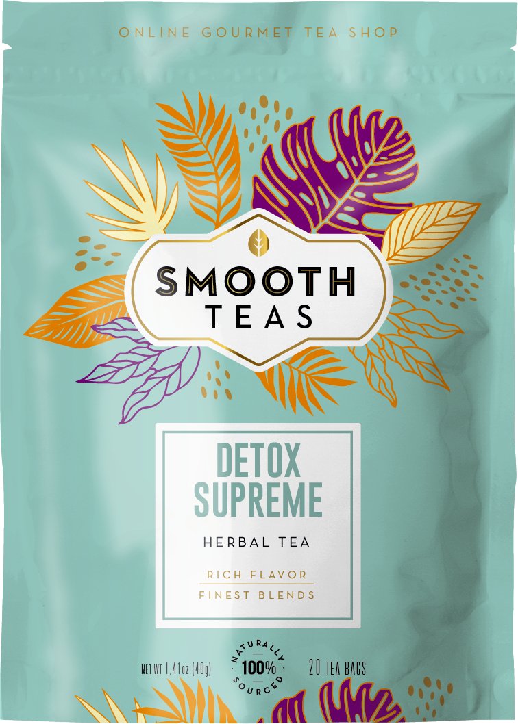 Packaging of Smooth Teas Detox Supreme Herbal Tea with decorative leaves on a light blue background.