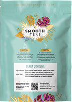 Smooth Teas Detox Supreme tea package with colorful leaf designs on a teal background