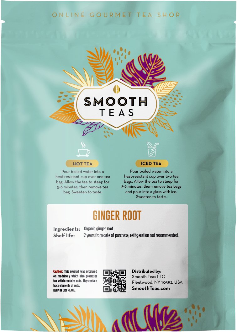 Ginger root tea package with colorful leaf designs and 'Smooth Teas' branding.