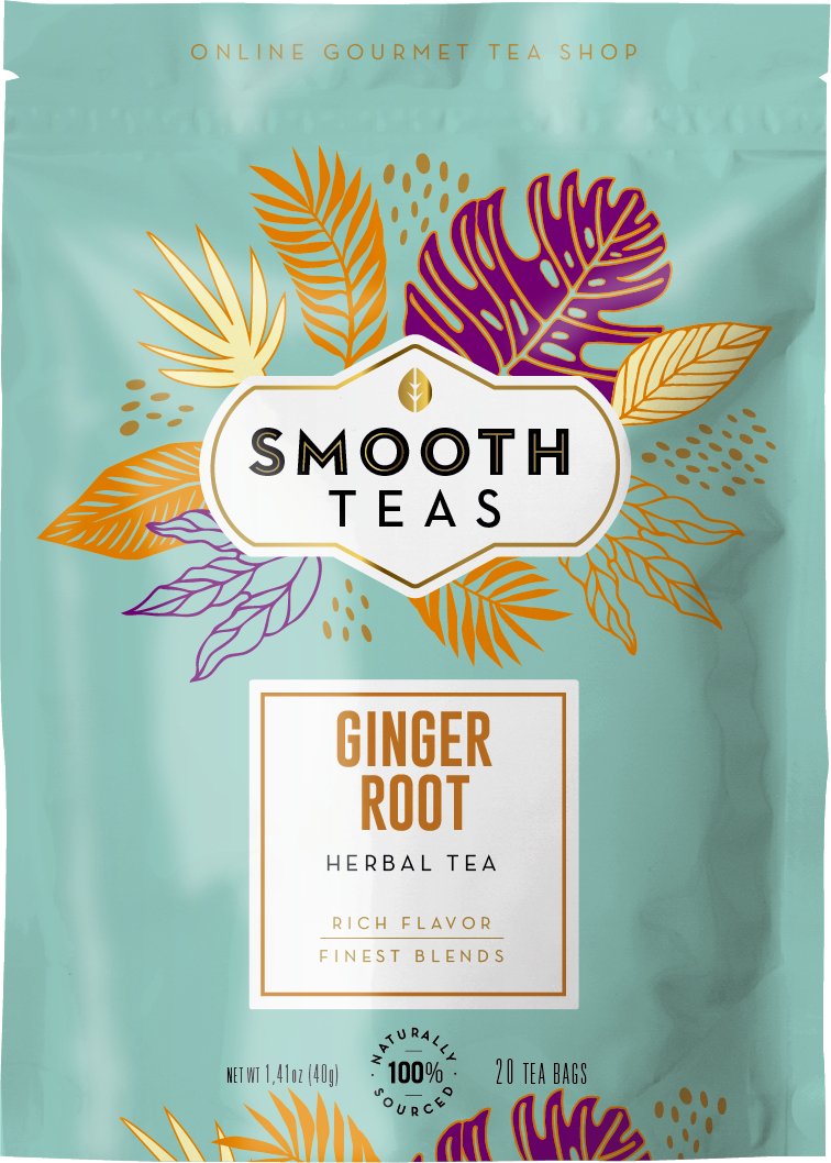 Packaging of Smooth Teas Ginger Root Herbal Tea with colorful leaf designs on a light blue background.