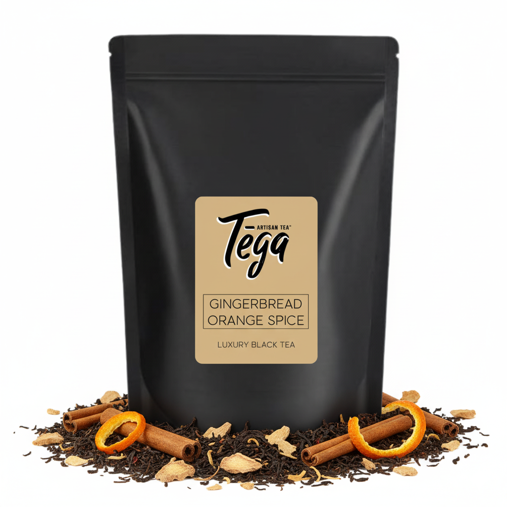 Black tea package with 'Tega' branding surrounded by cinnamon sticks and orange slices on a white background