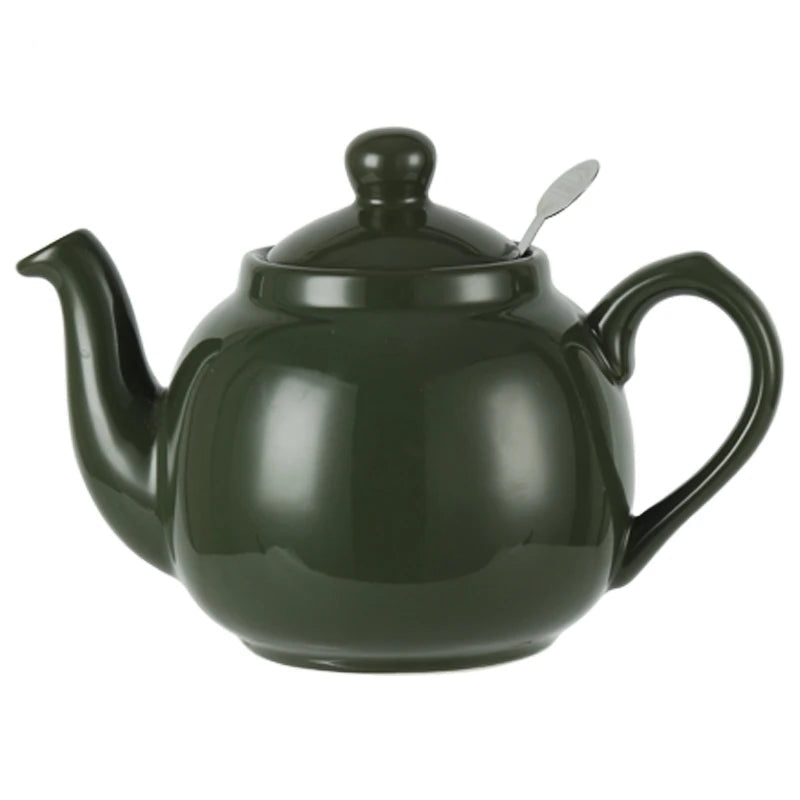Green teapot with a spoon on a white background, featuring the London Pottery logo.