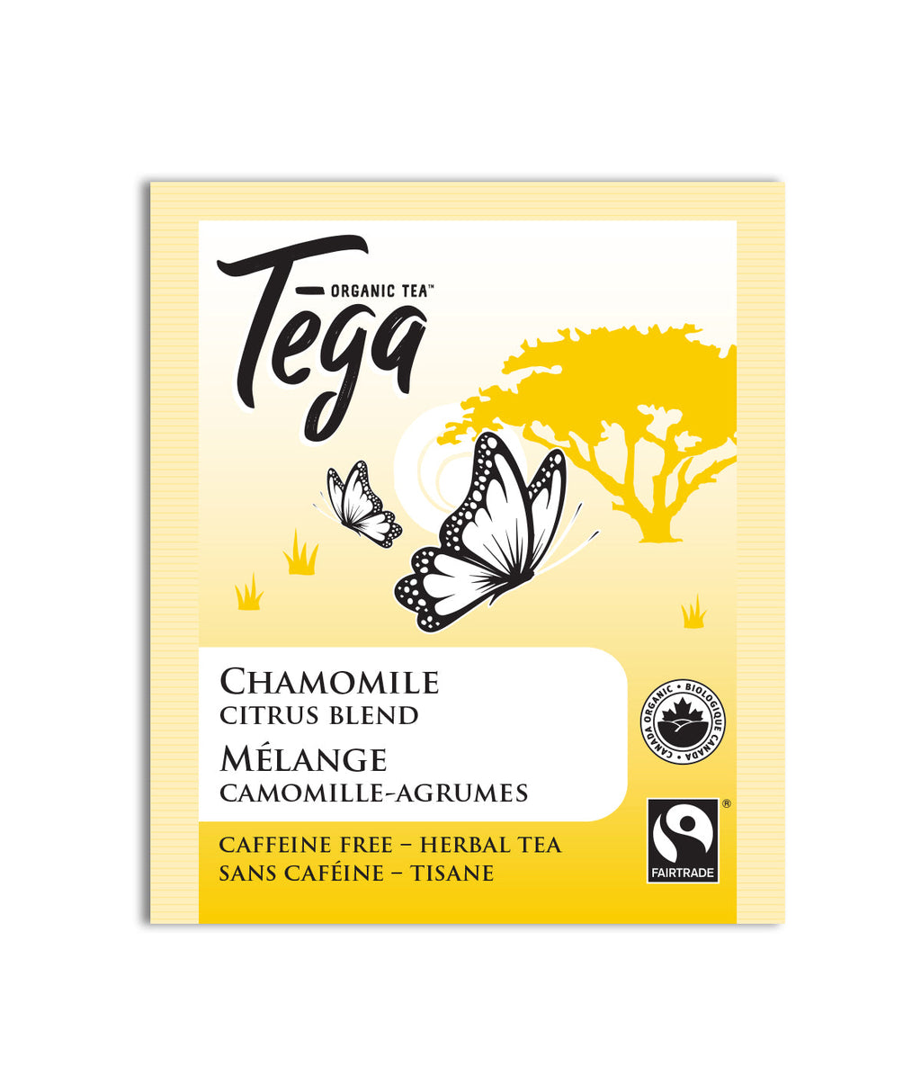 Tega Organic Tea package with chamomile citrus blend on a white background