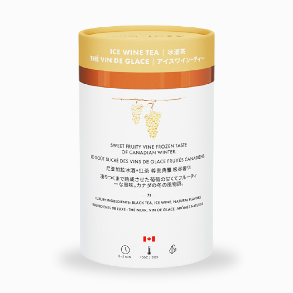 Ice wine tea packaging with gold and white design on a white background