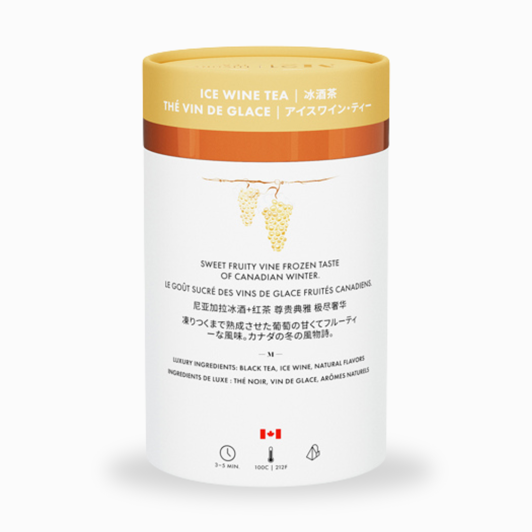 Ice wine tea packaging with gold and white design on a white background