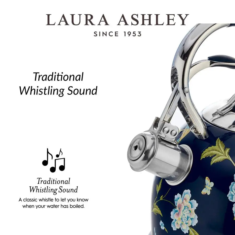 Floral-patterned teapot with a whistling sound mechanism, branded as Laura Ashley.