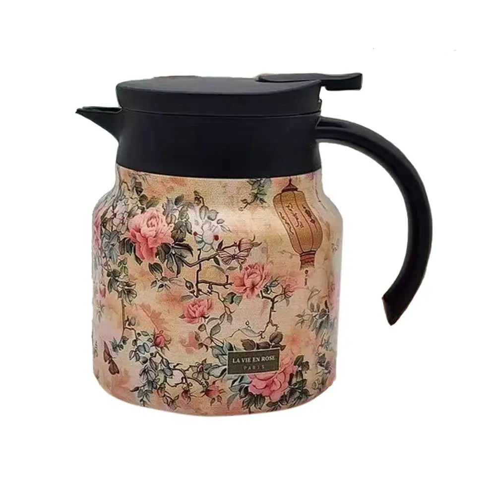 Floral-patterned thermos with black handle and lid, dimensions and capacity displayed.
