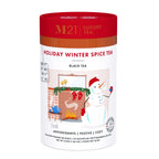M21 Luxury Tea Holiday Winter Spice Tea packaging with a snowman and fireplace illustration on a white background.