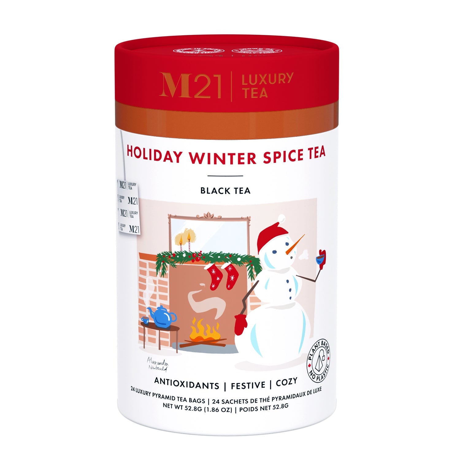 M21 Luxury Tea Holiday Winter Spice Tea packaging with a snowman and fireplace illustration on a white background.