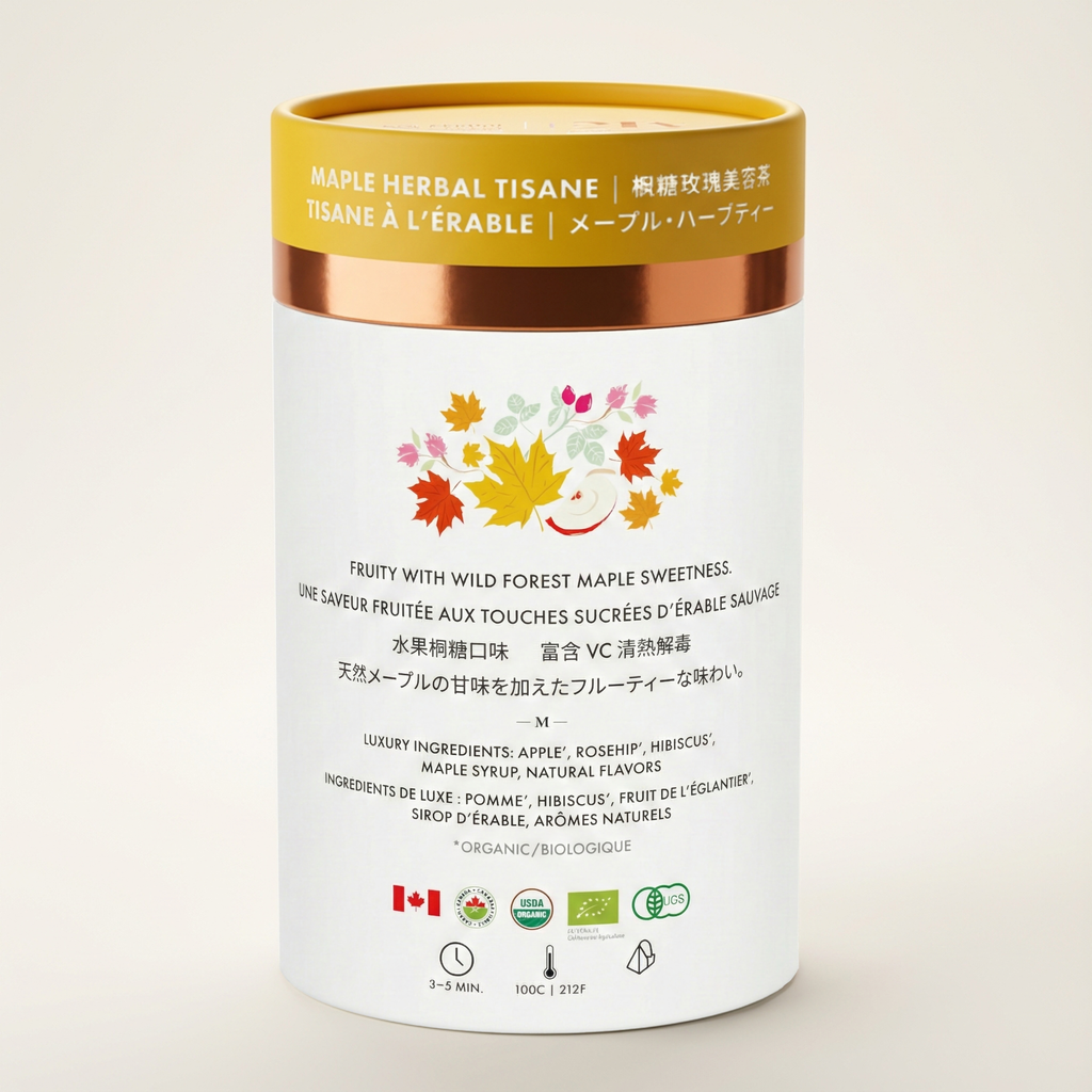 Maple herbal tisane packaging with colorful label on a beige background