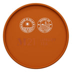Orange lid with 'M21 Luxury Tea' branding and sustainability icons on a white background