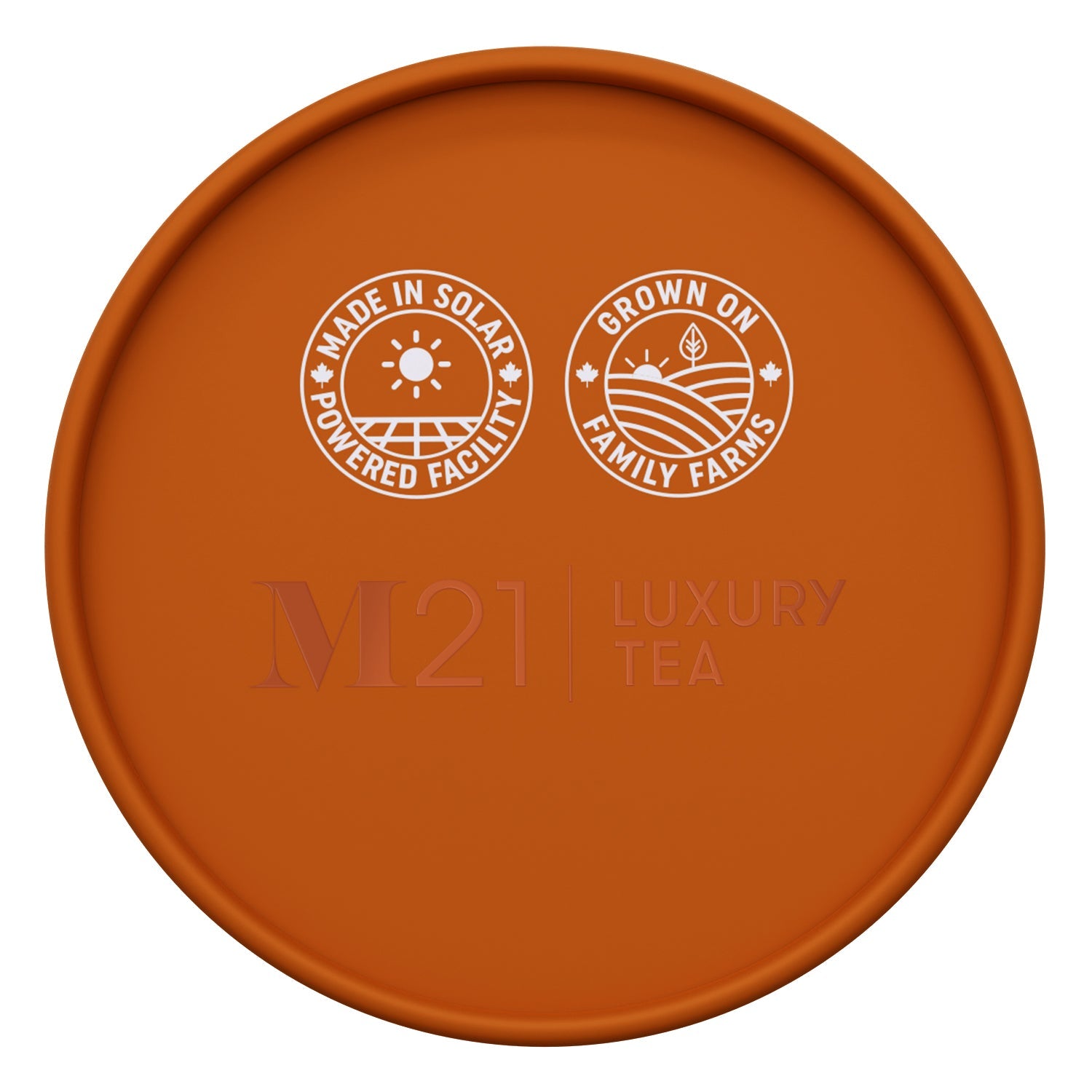 Orange lid with 'M21 Luxury Tea' branding and sustainability icons on a white background