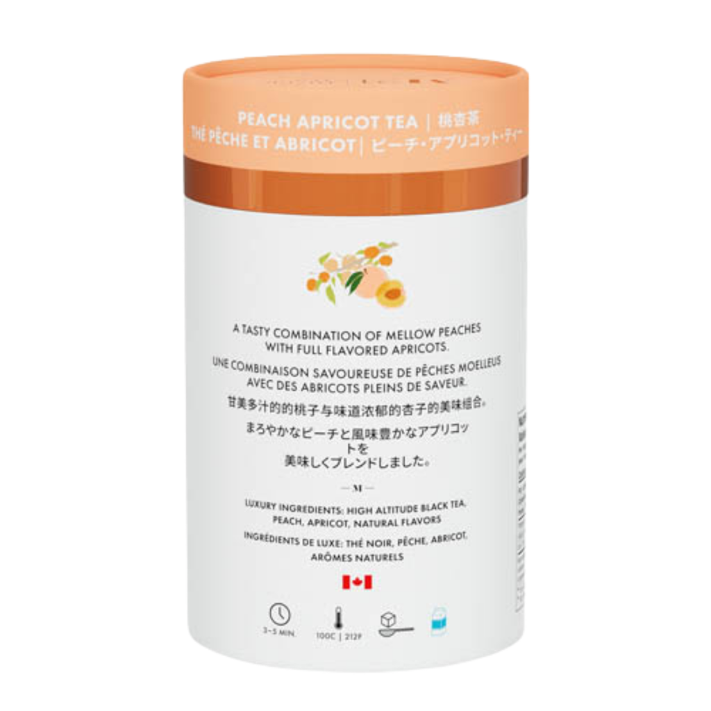 Peach Apricot Tea canister with orange lid on a white background