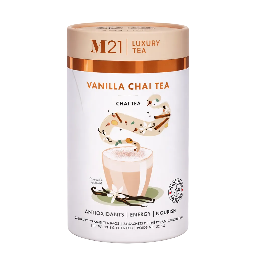 M21 Luxury Tea Vanilla Chai Tea packaging on a gray background