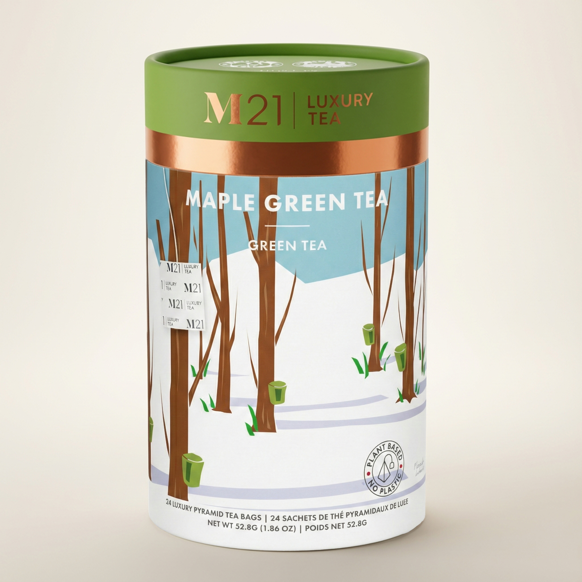 M21 Luxury Tea maple green tea packaging on a beige background
