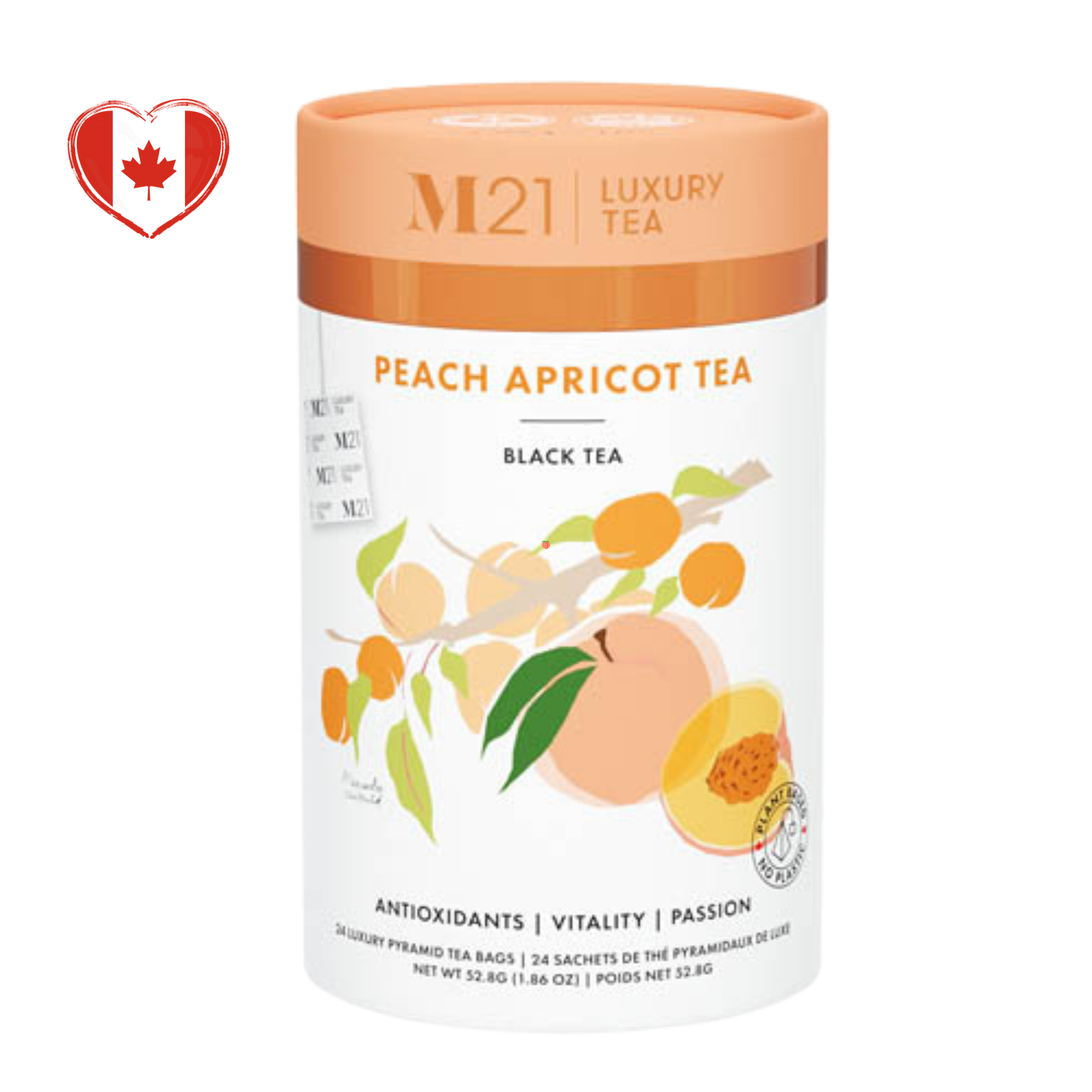M21 Luxury Tea Peach Apricot Tea packaging with peach and apricot illustrations on a white background.