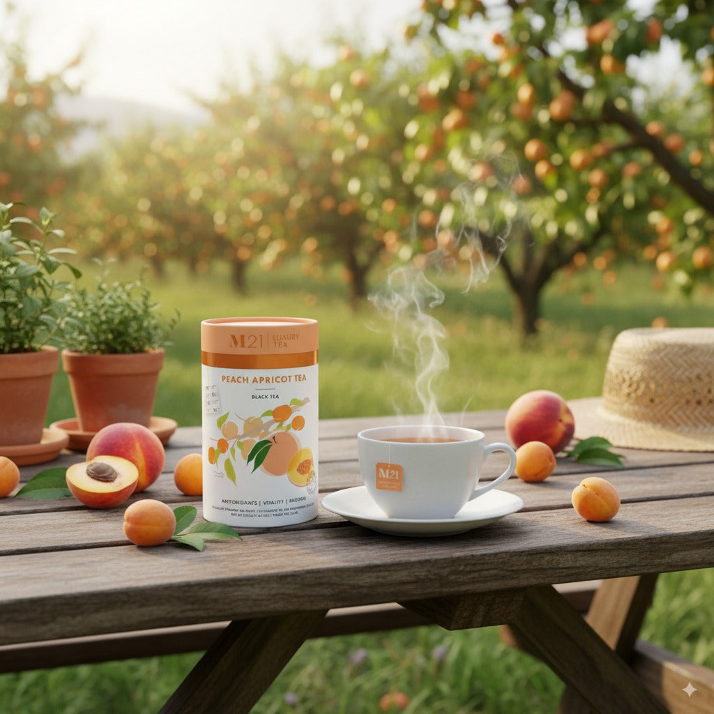 Steaming cup of tea on a wooden table with peach apricot tea packaging, surrounded by peaches and apricots in an orchard.