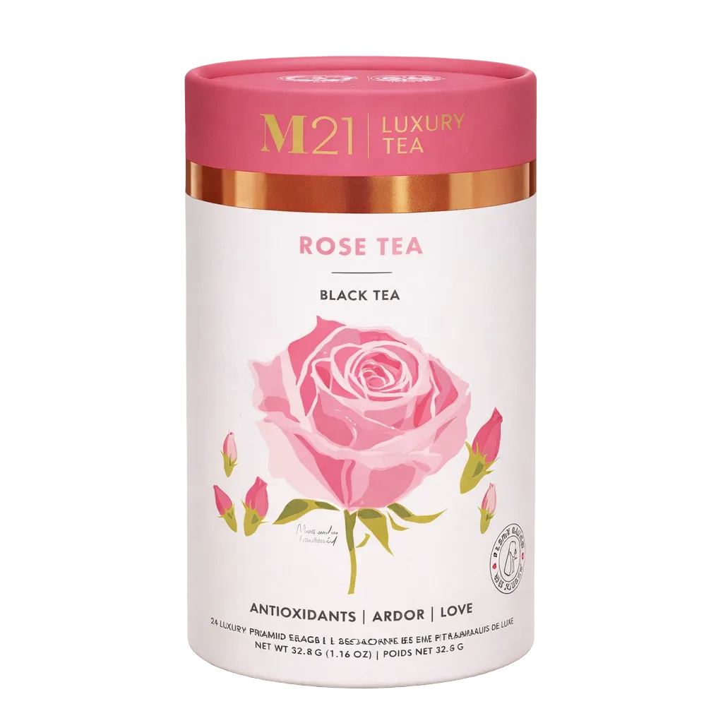 M21 Luxury Tea rose tea packaging with pink lid and rose illustration on a white background