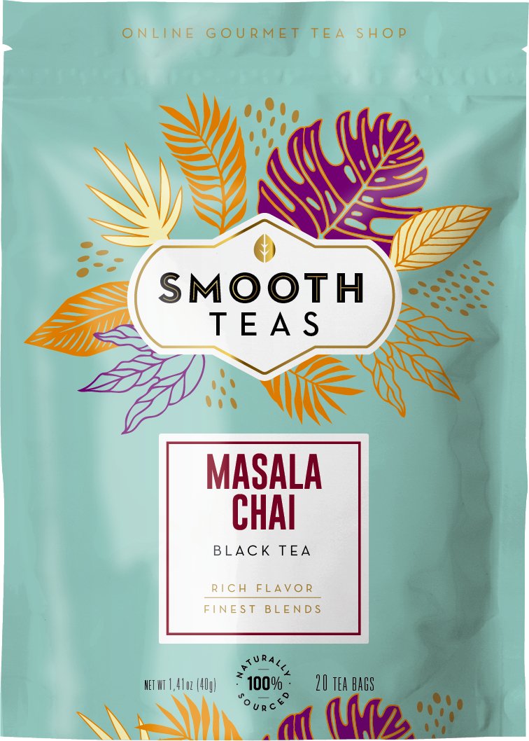 Packaging of Smooth Teas Masala Chai black tea with decorative leaves on a light blue background.