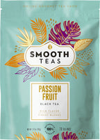 Packaging of Smooth Teas Passion Fruit Black Tea with decorative leaves on a light blue background.