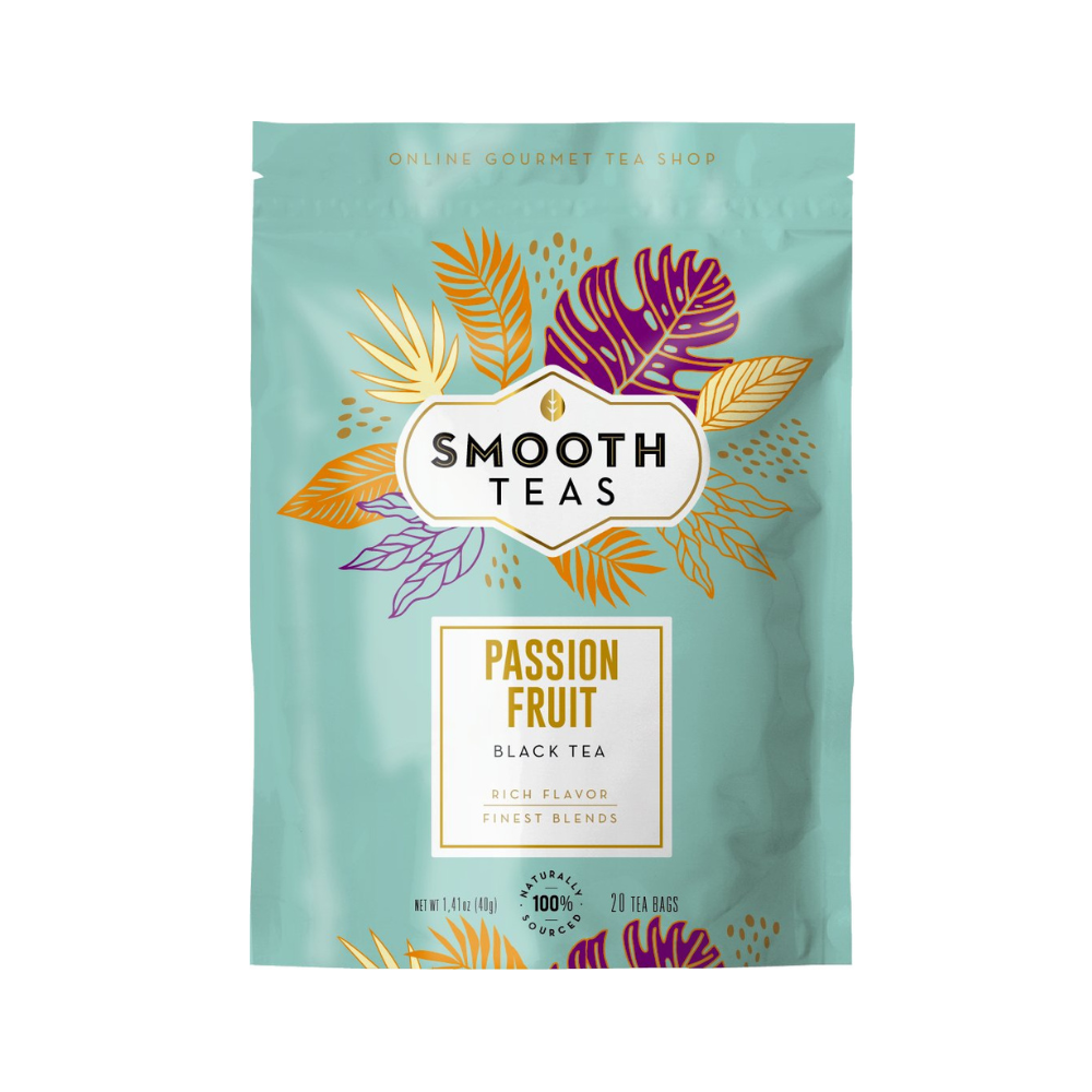 Tea package with colorful leaf designs and 'Smooth Teas' branding on a white background