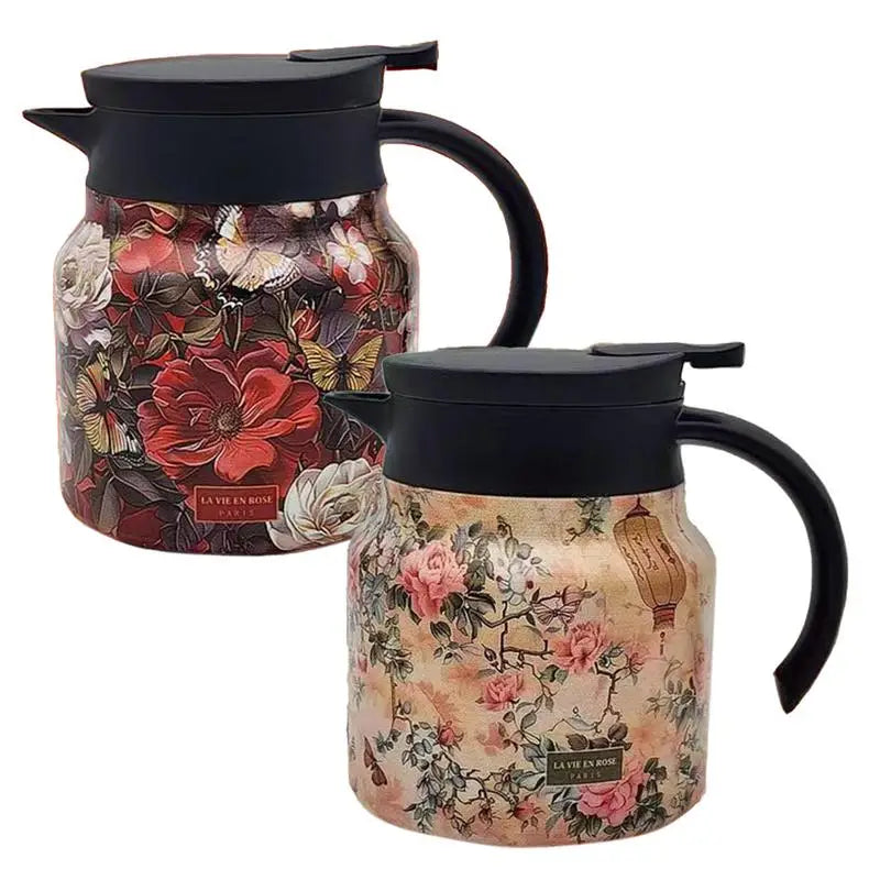 Two floral-patterned coffee pots on a white background