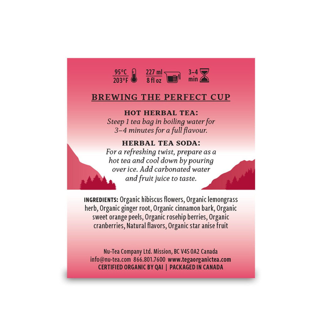 Tea packaging with brewing instructions and ingredient list on a pink background