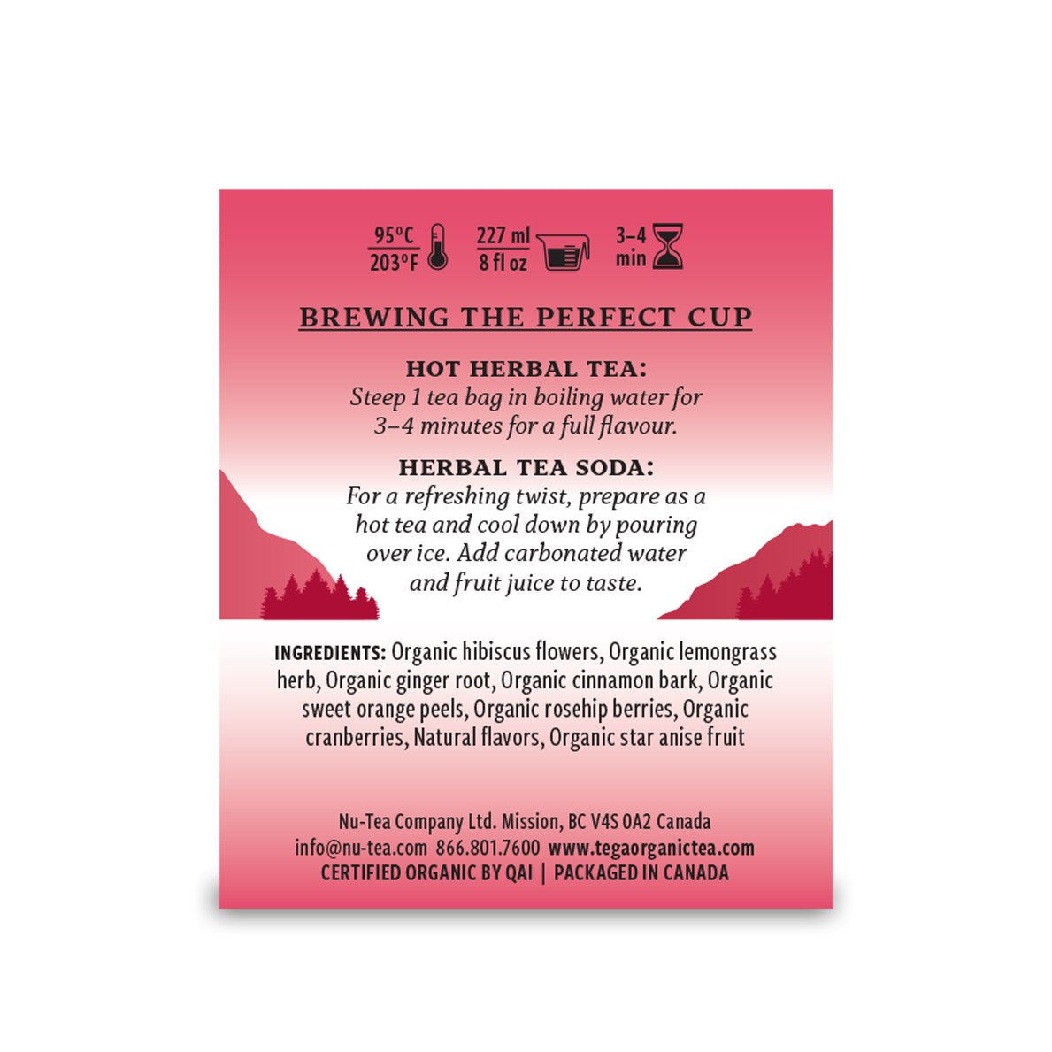 Tea packaging with brewing instructions and ingredient list on a pink background