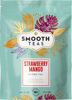 Packaging of Smooth Teas Strawberry Mango Puèróh tea with colorful leaf designs on a light blue background.