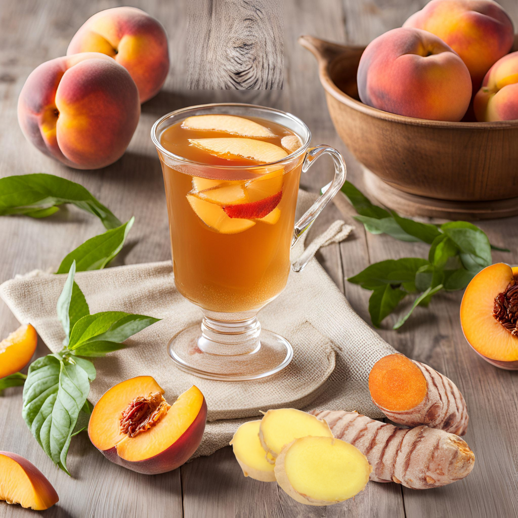 Glass of peach iced tea with peaches and ginger on a wooden table