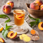 Glass of peach iced tea with peaches and ginger on a wooden table