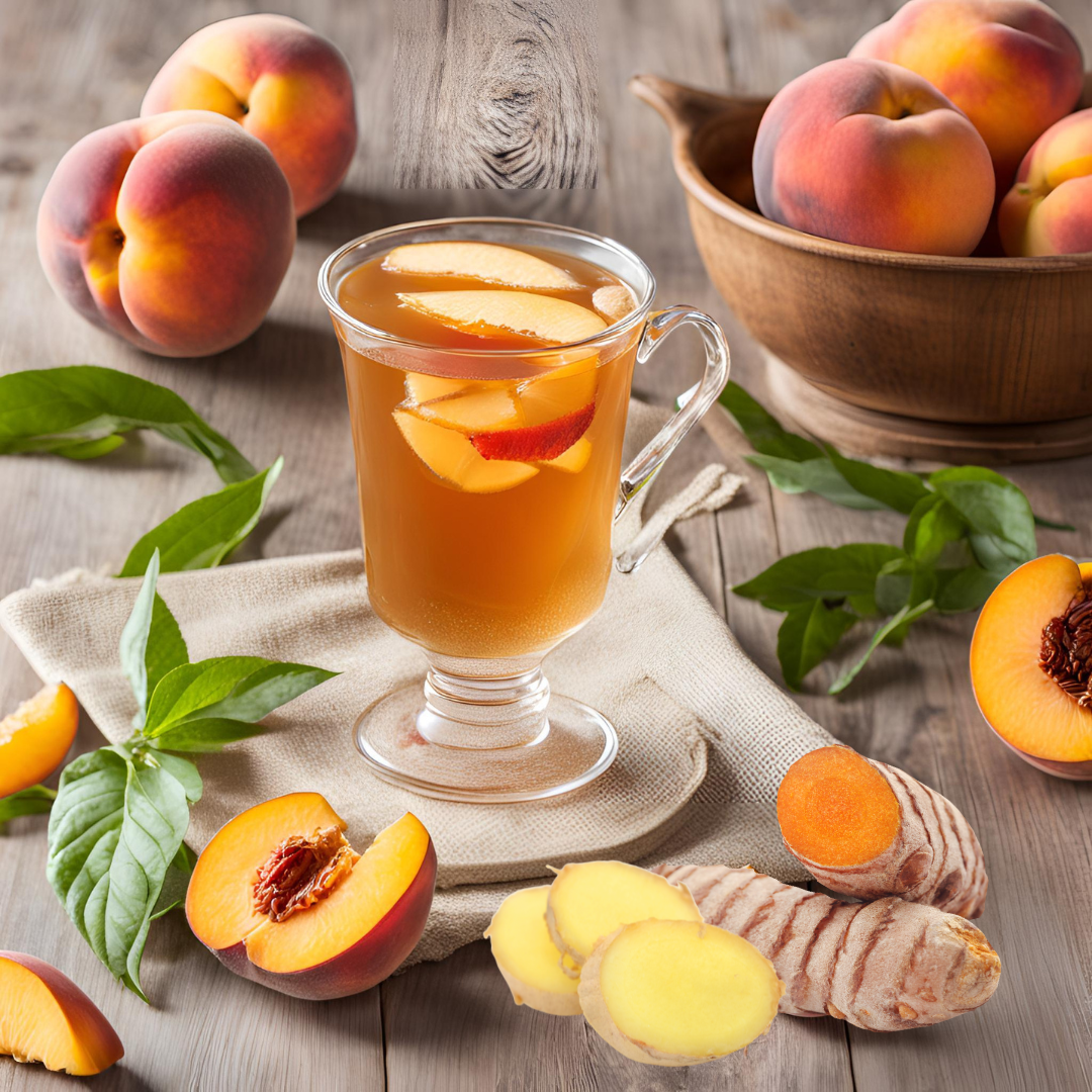 Glass of peach iced tea with peaches and ginger on a wooden table