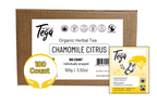 Box of Tega Organic Herbal Tea with chamomile citrus flavor on a white background