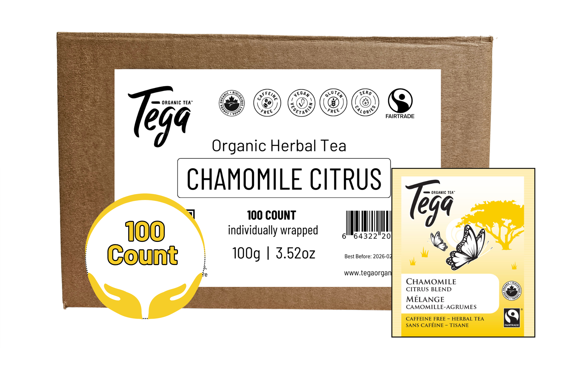 Box of Tega Organic Herbal Tea with chamomile citrus flavor on a white background