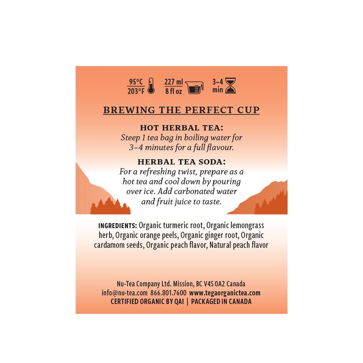 Tea packaging with brewing instructions and ingredient list on a white background