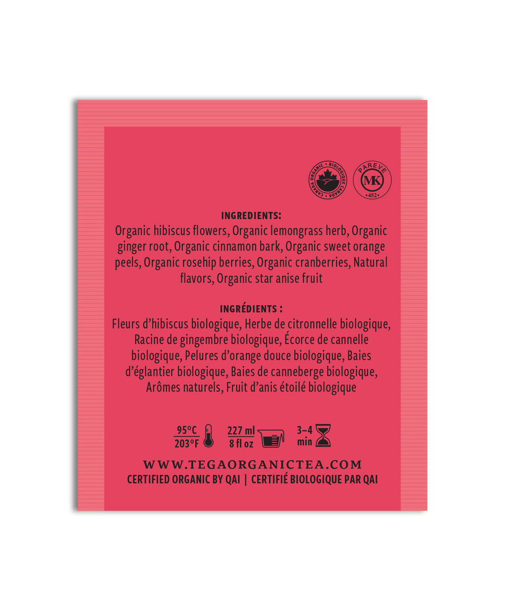 Pink tea bag label with black text on a white background