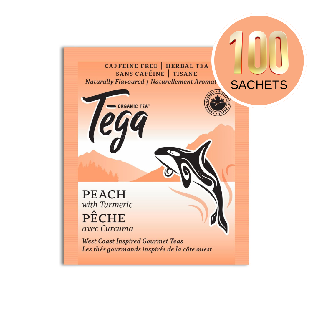 Tega peach with turmeric herbal tea package on a white background