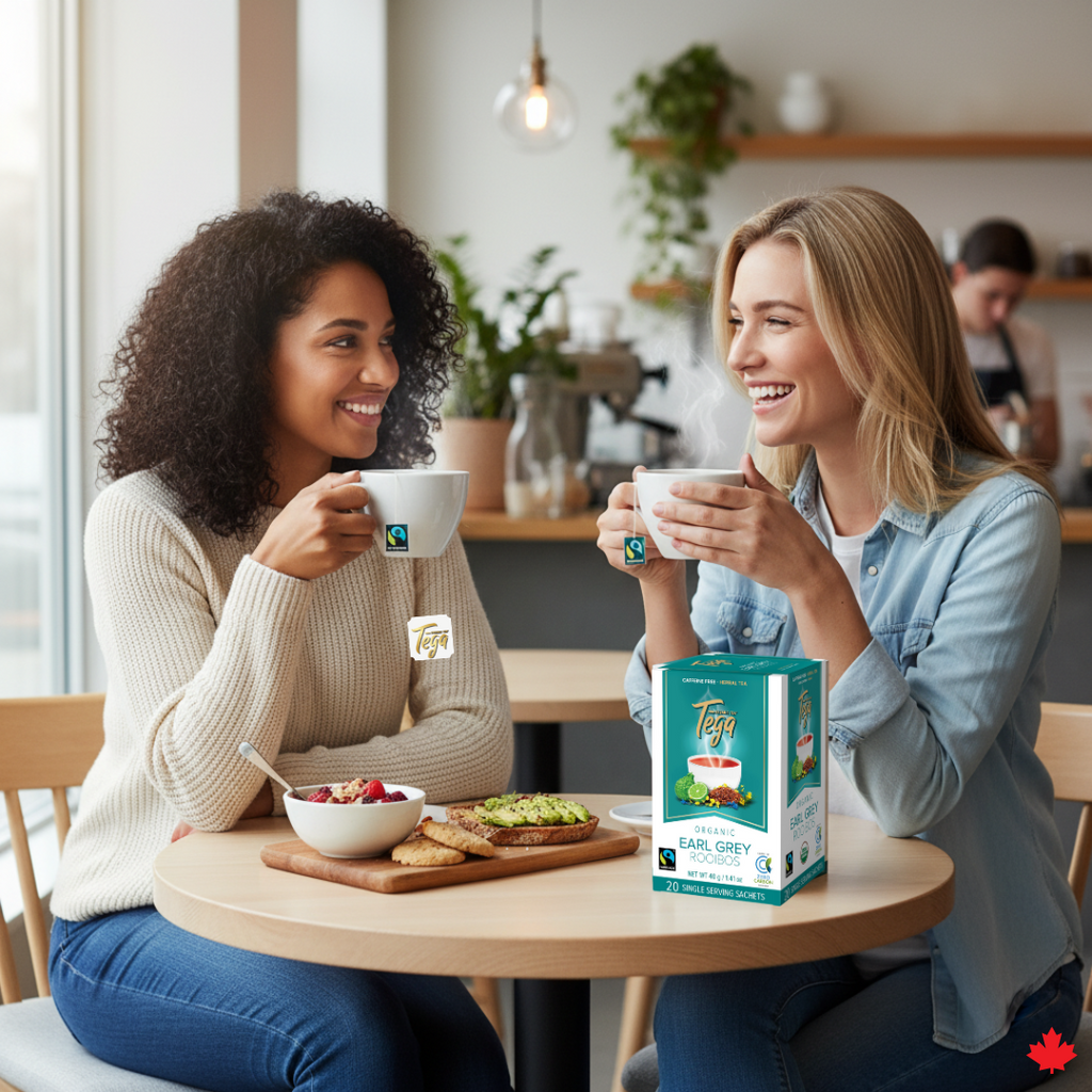 Two women enjoying tea together with a Tazo box on a table.